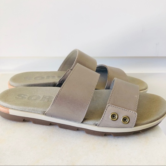 NWT Sorel Torpeda II xFree People Flat Sandal Slide Slip On Leather Greige - Picture 2 of 7